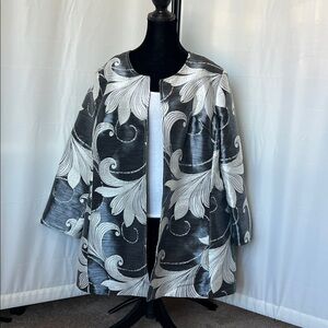 3 Sisters Jacquard Metallic Floral Print Open-Front Kimono-Style Jacket